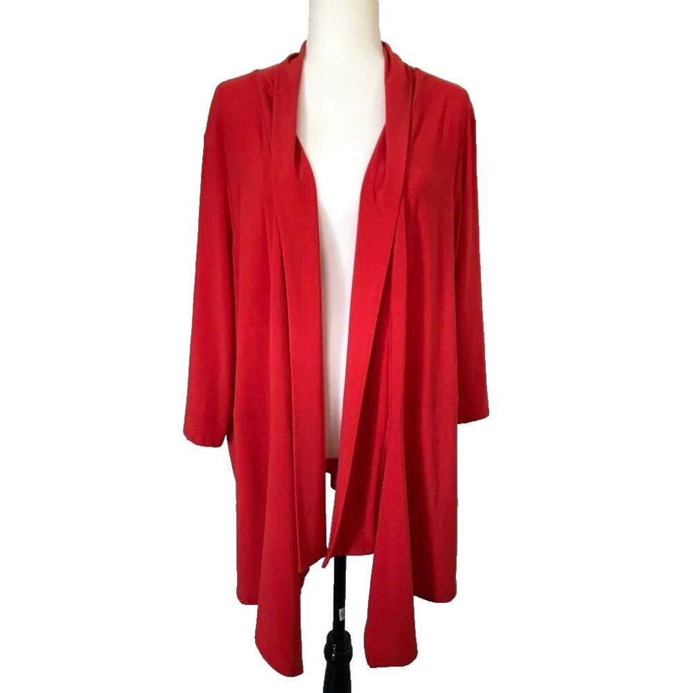 FRANK LYMAN Open Cardigan Cover Up Size 24 Red-Orange 3/4 Sleeve Stretchy Jersey